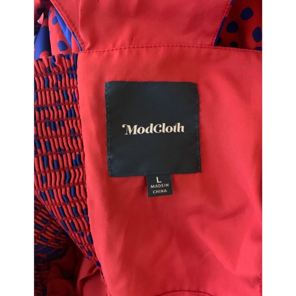 ModCloth Women's L Large Red Blue Retro Floral Polka Dot Sleeveless Cute Dress - Picture 5 of 12